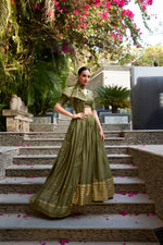 Thumbnail for Lorenvalley Mehendi Pure Chanderi Plain With Zari Weaving Work Border Lehenga Choli - Distacart