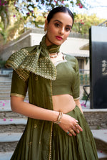 Thumbnail for Lorenvalley Mehendi Pure Chanderi Plain With Zari Weaving Work Border Lehenga Choli - Distacart