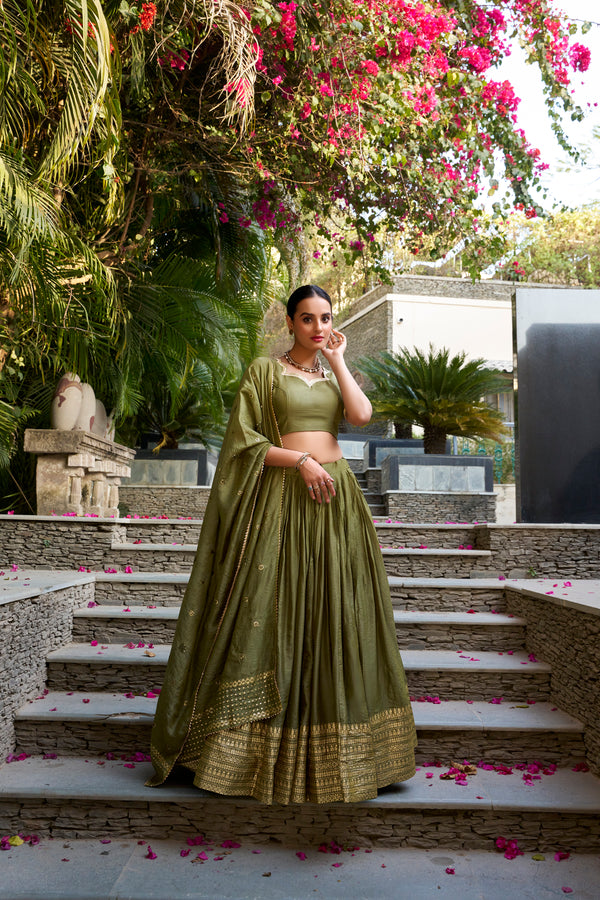Lorenvalley Mehendi Pure Chanderi Plain With Zari Weaving Work Border Lehenga Choli - Distacart