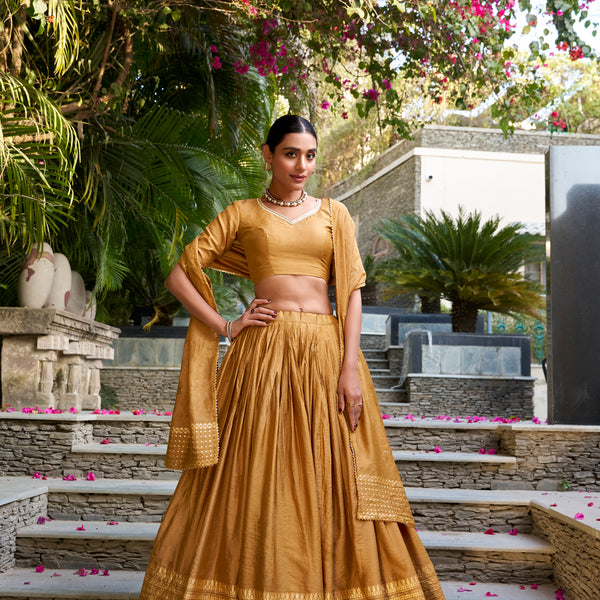 Lorenvalley Mustard Pure Chanderi Plain With Zari Weaving Work Border Lehenga Choli - Distacart