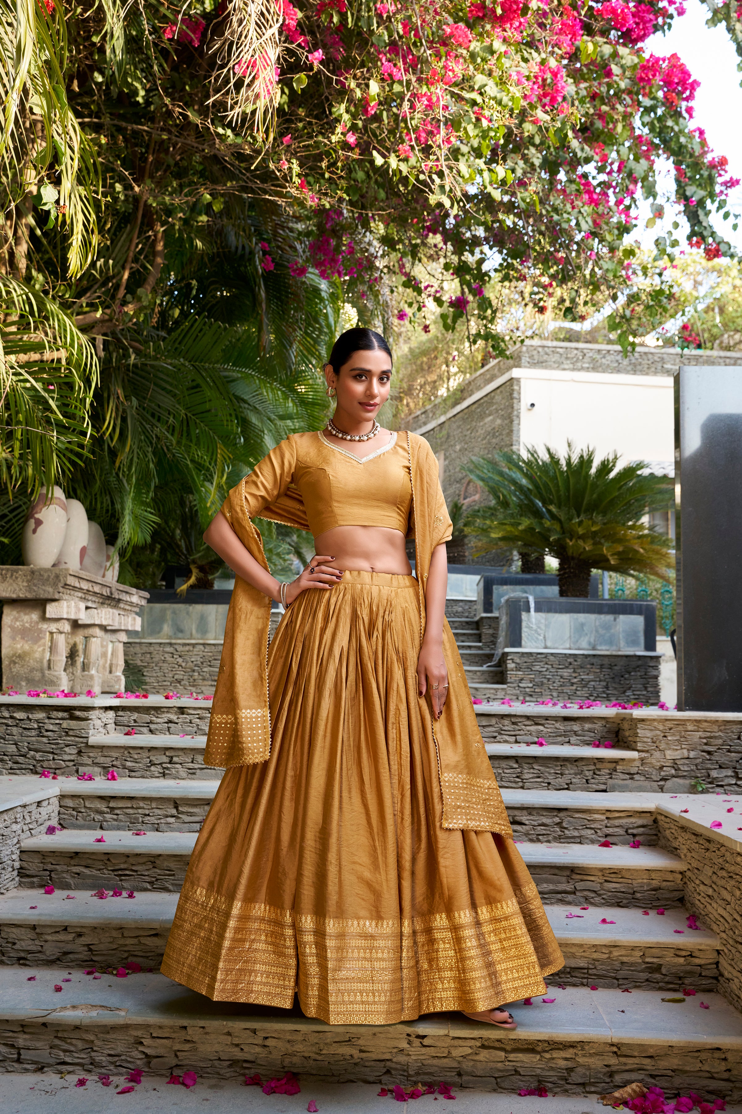 Lorenvalley Mustard Pure Chanderi Plain With Zari Weaving Work Border Lehenga Choli - Distacart