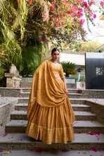 Thumbnail for Lorenvalley Mustard Pure Chanderi Plain With Zari Weaving Work Border Lehenga Choli - Distacart