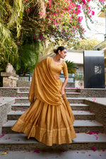 Thumbnail for Lorenvalley Mustard Pure Chanderi Plain With Zari Weaving Work Border Lehenga Choli - Distacart