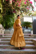 Thumbnail for Lorenvalley Mustard Pure Chanderi Plain With Zari Weaving Work Border Lehenga Choli - Distacart