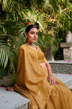 Thumbnail for Lorenvalley Mustard Pure Chanderi Plain With Zari Weaving Work Border Lehenga Choli - Distacart