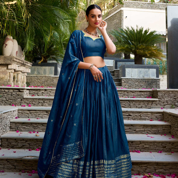 Evanik Women Pure Chanderi Plain With Zari Weaving Work Border Stitched Lehenga With Unstitched Blouse Dupatta - Distacart