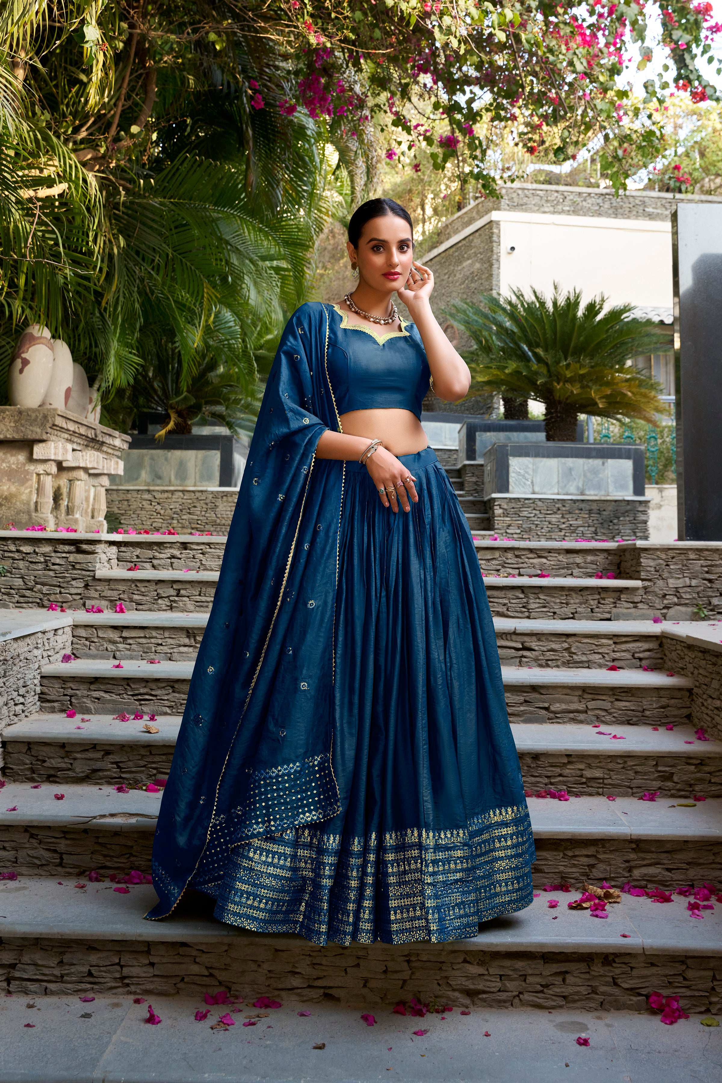 Evanik Women Pure Chanderi Plain With Zari Weaving Work Border Stitched Lehenga With Unstitched Blouse Dupatta - Distacart