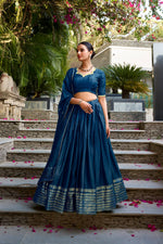Thumbnail for Lorenvalley Fashion Navy Blue Pure Chanderi Plain With Zari Weaving Work Border Lehenga Choli with Dupatta - Distacart