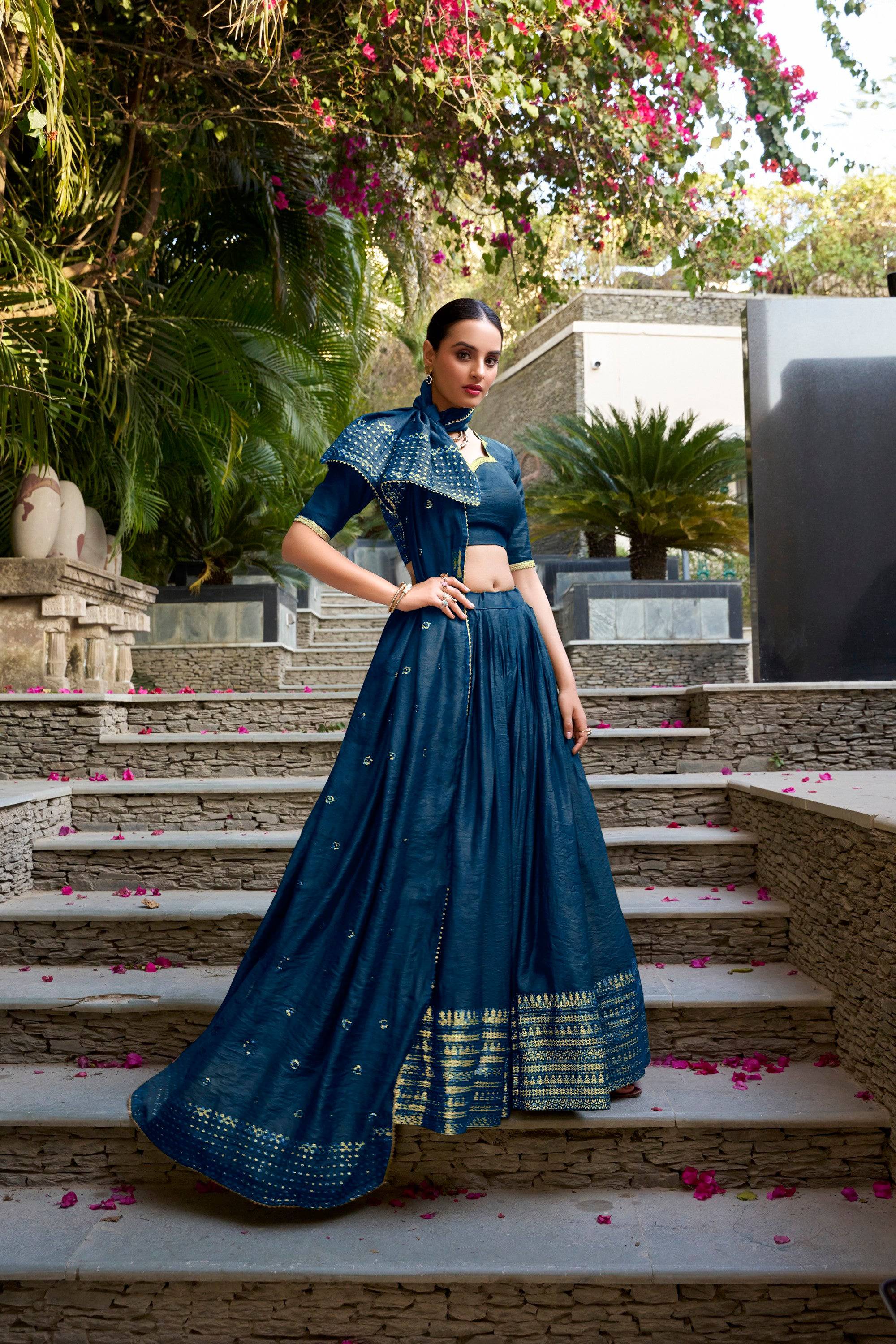 Lorenvalley Fashion Navy Blue Pure Chanderi Plain With Zari Weaving Work Border Lehenga Choli with Dupatta - Distacart