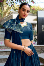 Thumbnail for Lorenvalley Fashion Navy Blue Pure Chanderi Plain With Zari Weaving Work Border Lehenga Choli with Dupatta - Distacart