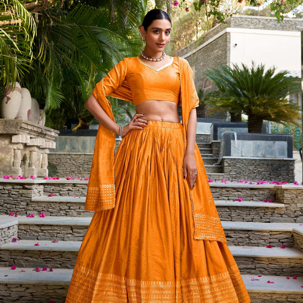 Evanik Women Pure Chanderi Plain With Zari Weaving Work Border Stitched Lehenga With Unstitched Blouse Dupatta - Distacart