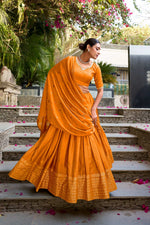 Thumbnail for Evanik Women Pure Chanderi Plain With Zari Weaving Work Border Stitched Lehenga With Unstitched Blouse Dupatta - Distacart
