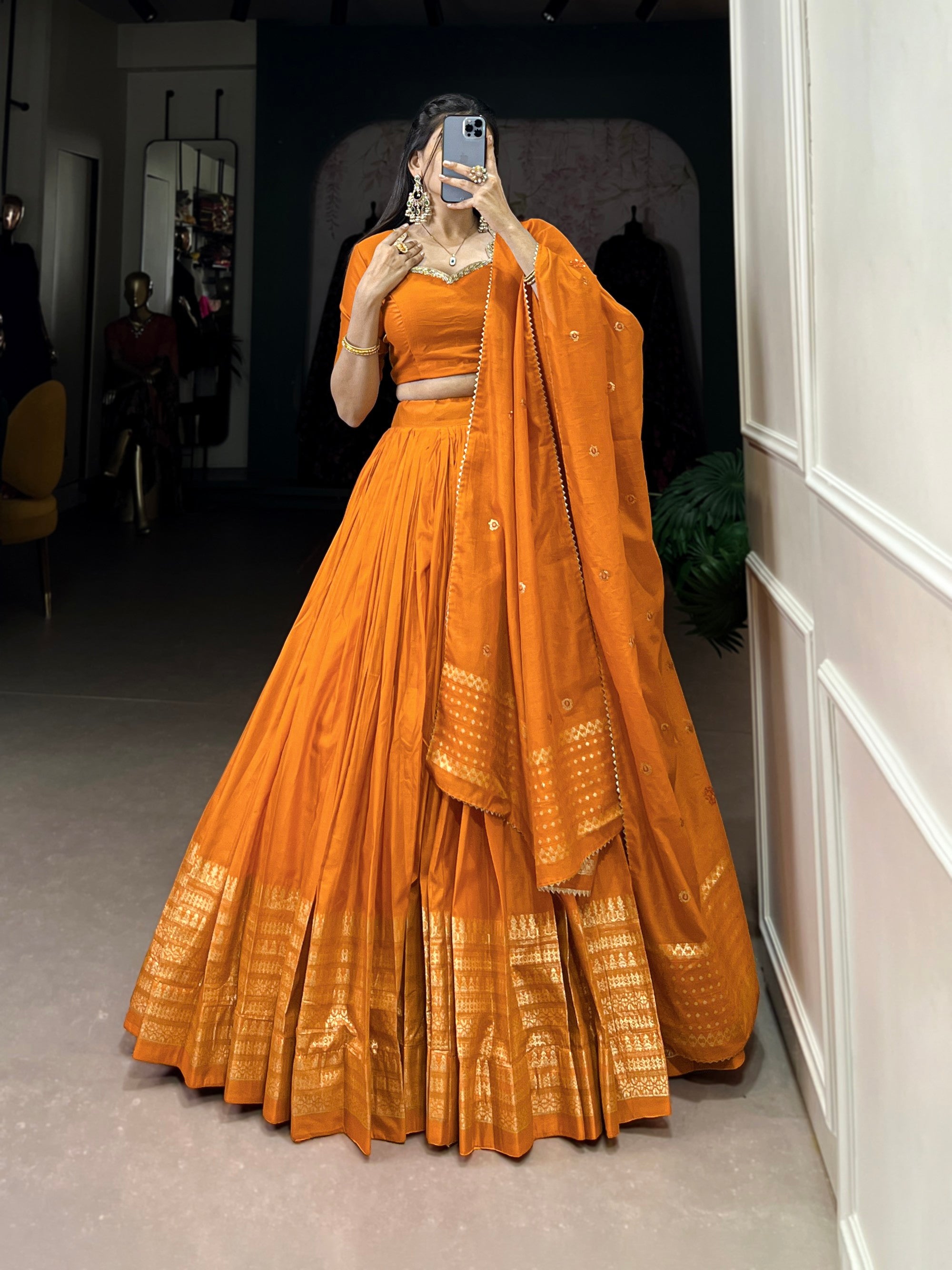 Lorenvalley Fashion Orange Pure Chanderi Plain With Zari Weaving Work Border Lehenga Choli with Dupatta