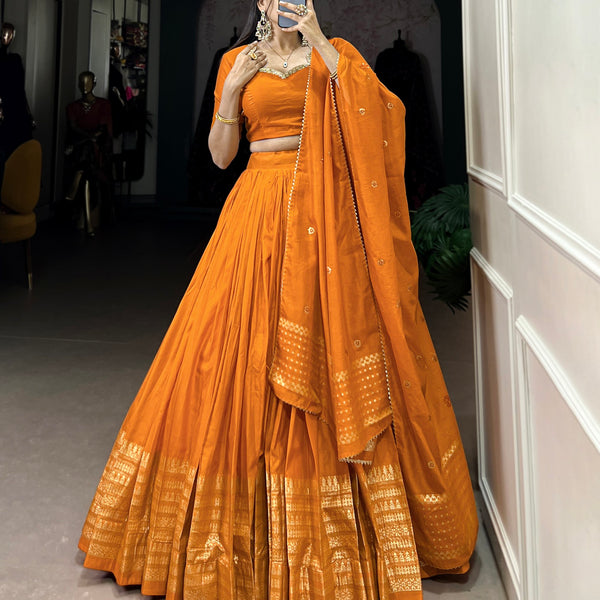 Lorenvalley Fashion Orange Pure Chanderi Plain With Zari Weaving Work Border Lehenga Choli with Dupatta