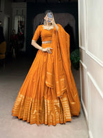 Thumbnail for Lorenvalley Fashion Orange Pure Chanderi Plain With Zari Weaving Work Border Lehenga Choli with Dupatta