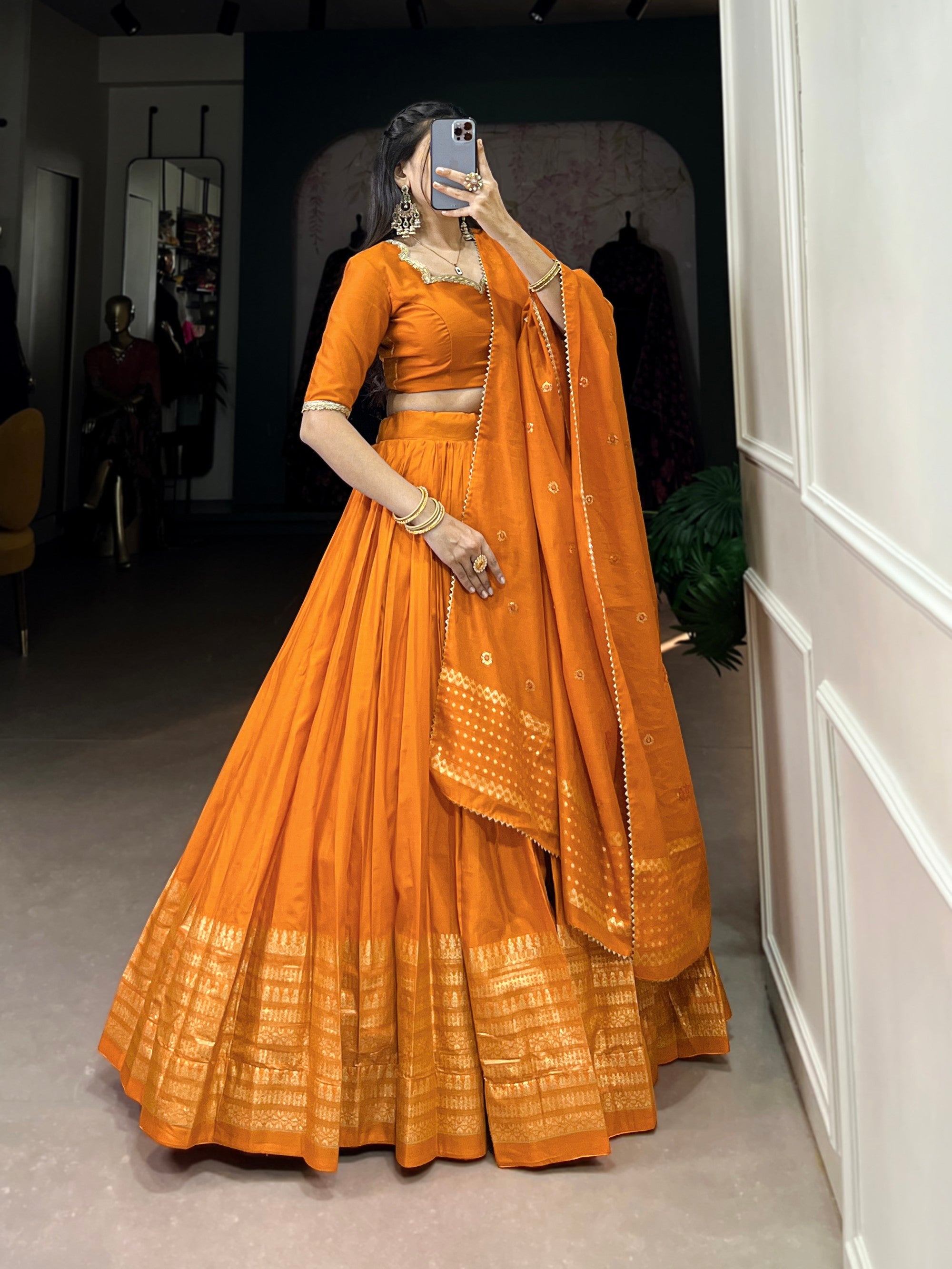 Lorenvalley Fashion Orange Pure Chanderi Plain With Zari Weaving Work Border Lehenga Choli with Dupatta