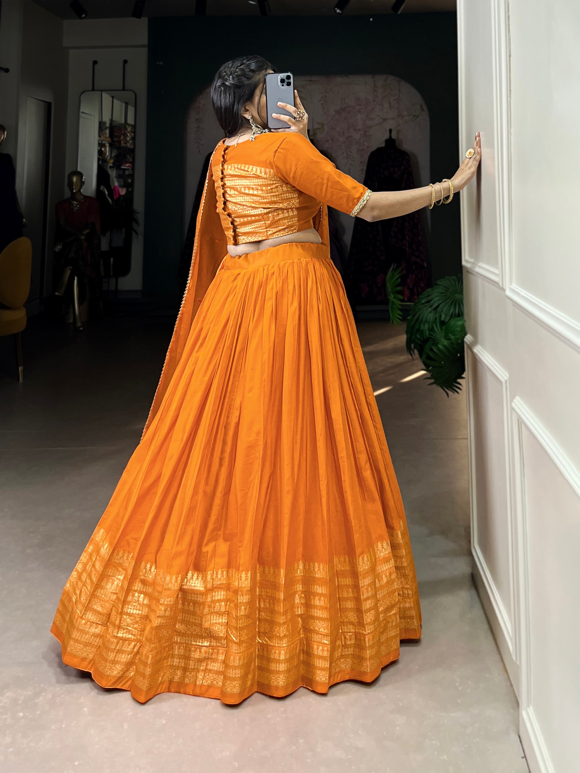 Lorenvalley Fashion Orange Pure Chanderi Plain With Zari Weaving Work Border Lehenga Choli with Dupatta
