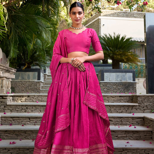 Evanik Women Pure Chanderi Plain With Zari Weaving Work Border Stitched Lehenga With Unstitched Blouse Dupatta - Distacart