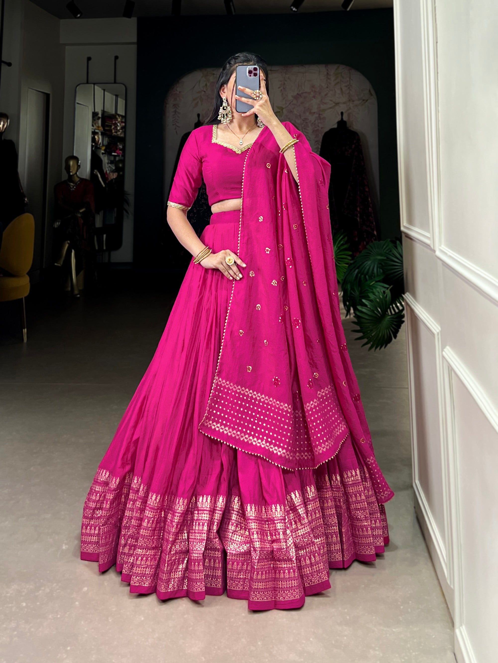 Lorenvalley Fashion Pink Pure Chanderi Plain With Zari Weaving Work Border Lehenga Choli with Dupatta