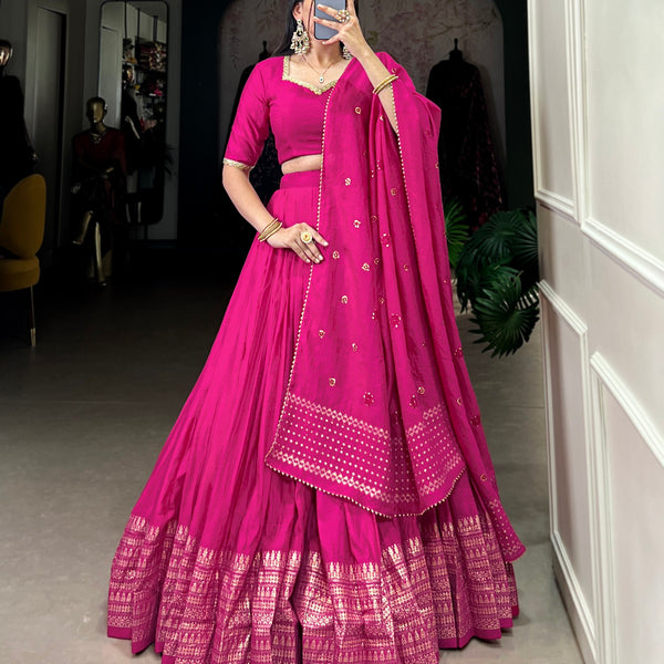 Lorenvalley Fashion Pink Pure Chanderi Plain With Zari Weaving Work Border Lehenga Choli with Dupatta - Distacart