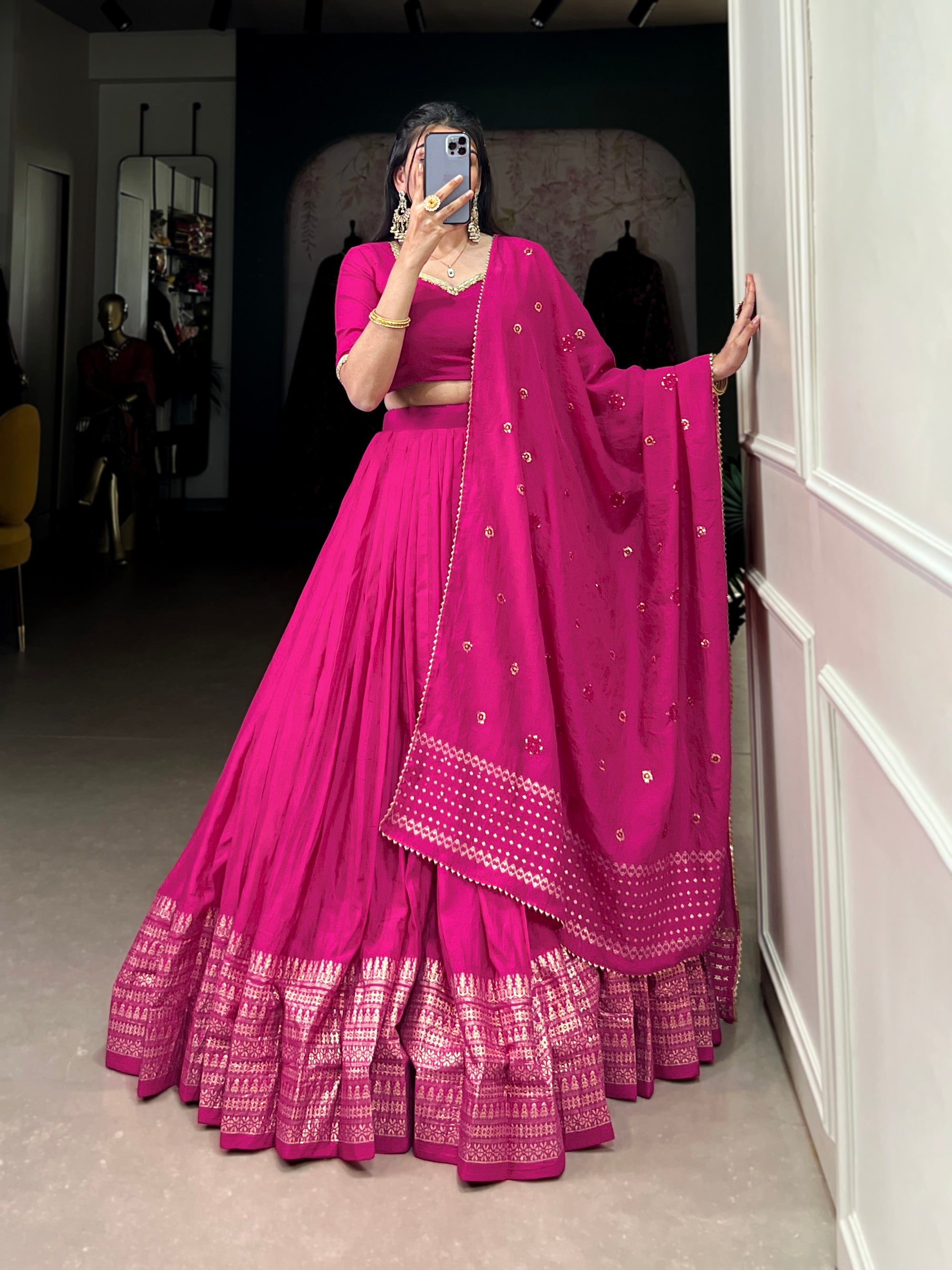 Lorenvalley Fashion Pink Pure Chanderi Plain With Zari Weaving Work Border Lehenga Choli with Dupatta