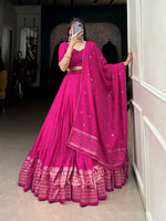 Thumbnail for Lorenvalley Fashion Pink Pure Chanderi Plain With Zari Weaving Work Border Lehenga Choli with Dupatta
