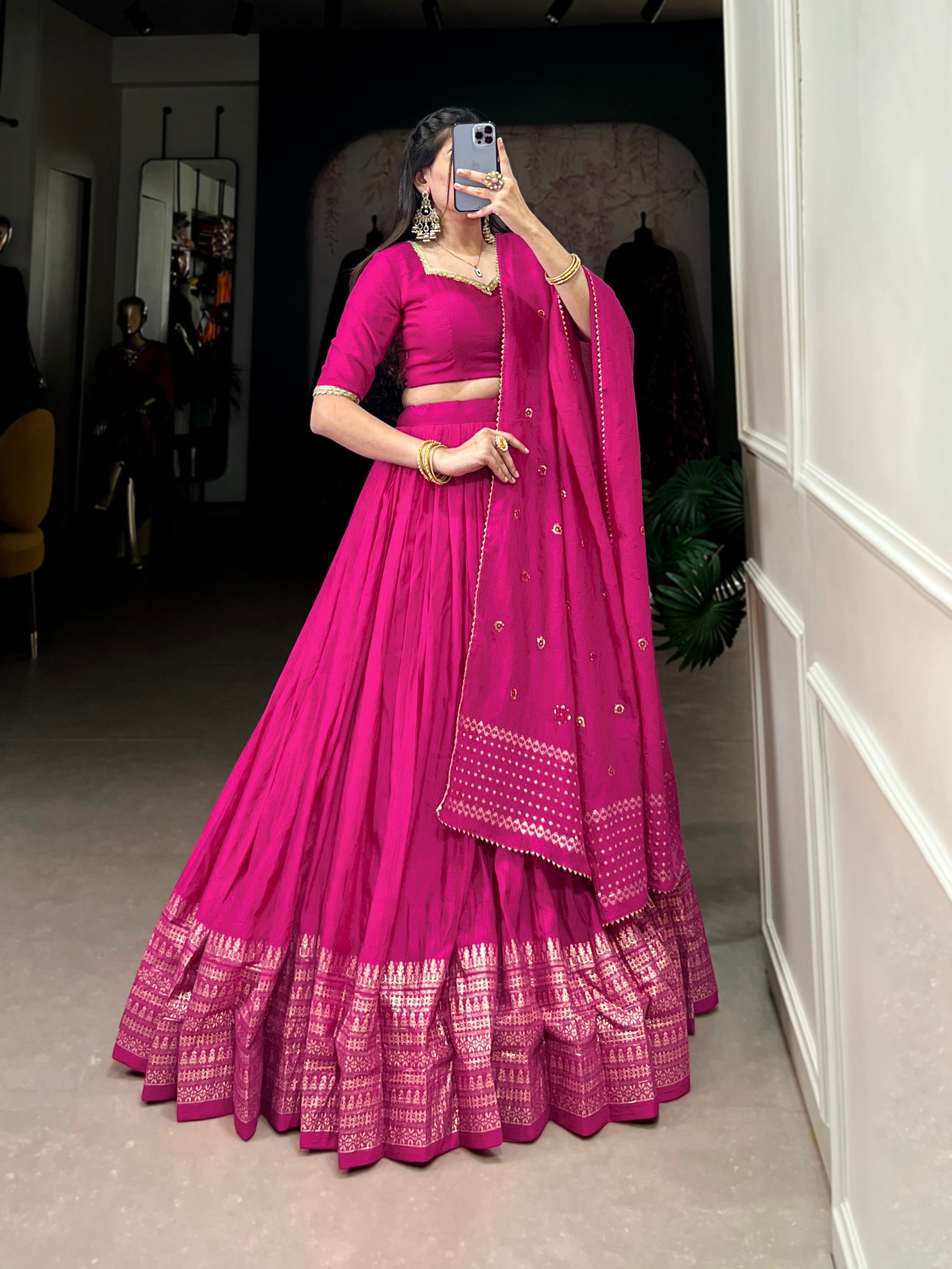 Lorenvalley Fashion Pink Pure Chanderi Plain With Zari Weaving Work Border Lehenga Choli with Dupatta