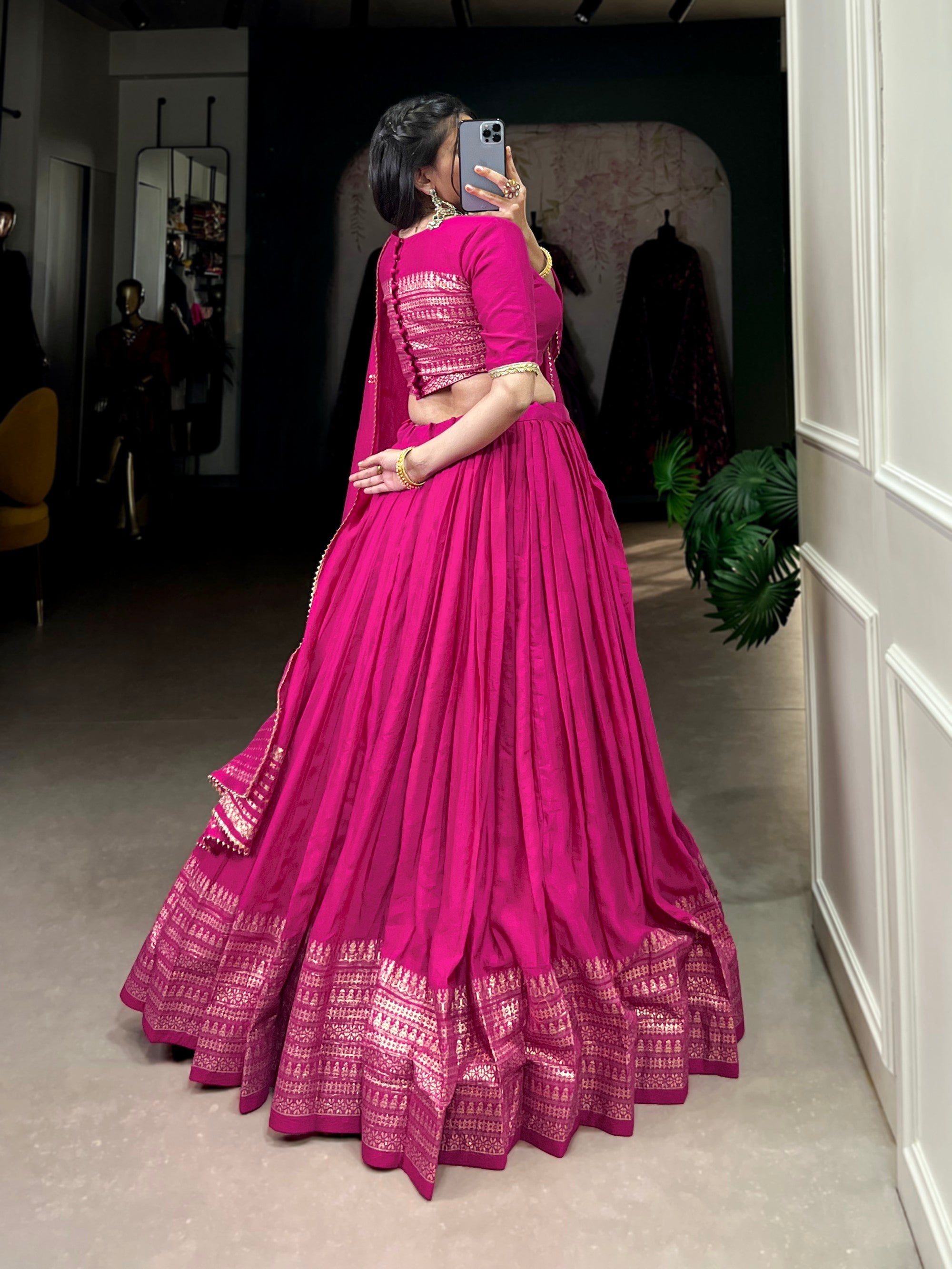 Lorenvalley Fashion Pink Pure Chanderi Plain With Zari Weaving Work Border Lehenga Choli with Dupatta