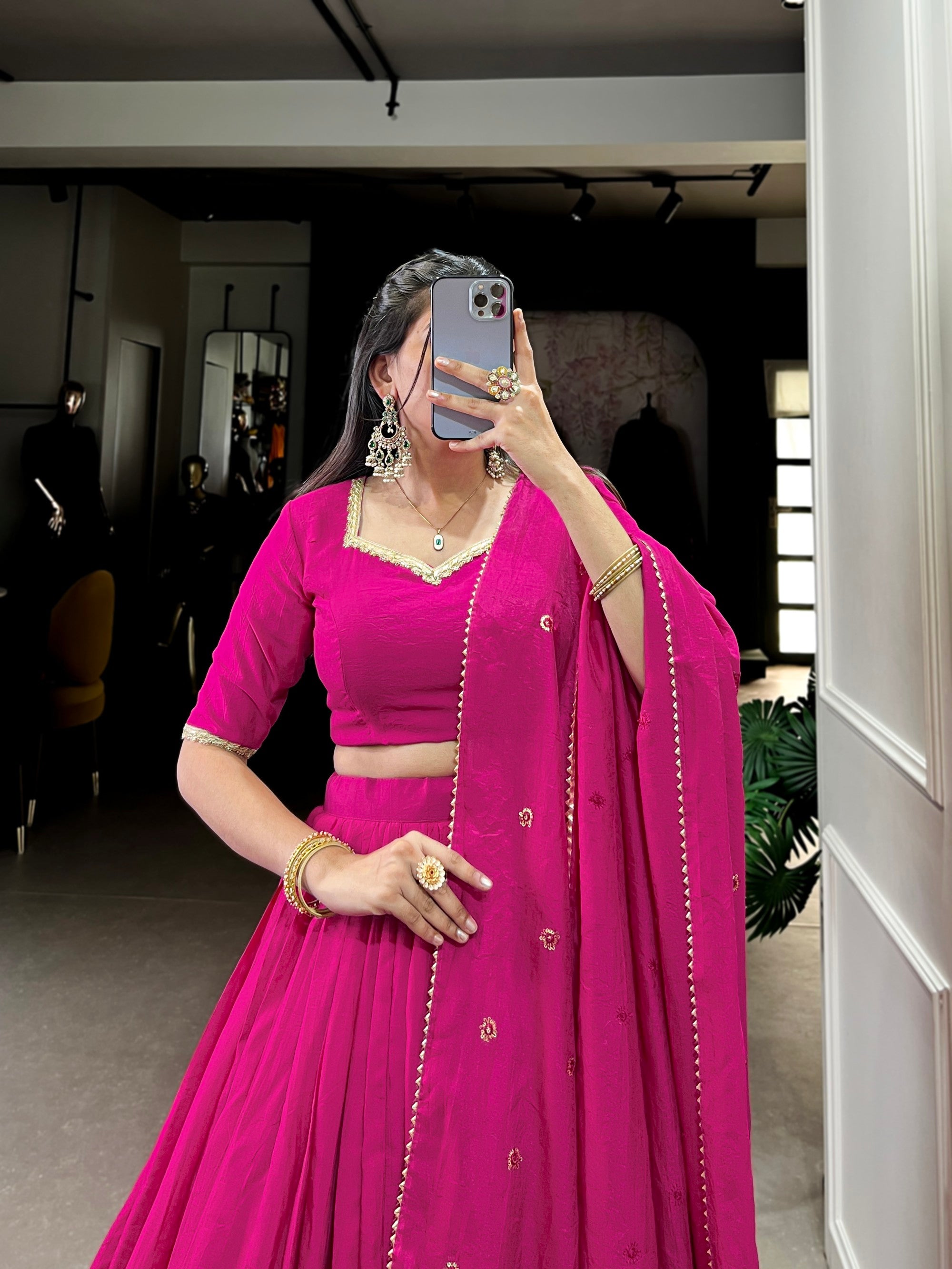 Lorenvalley Fashion Pink Pure Chanderi Plain With Zari Weaving Work Border Lehenga Choli with Dupatta
