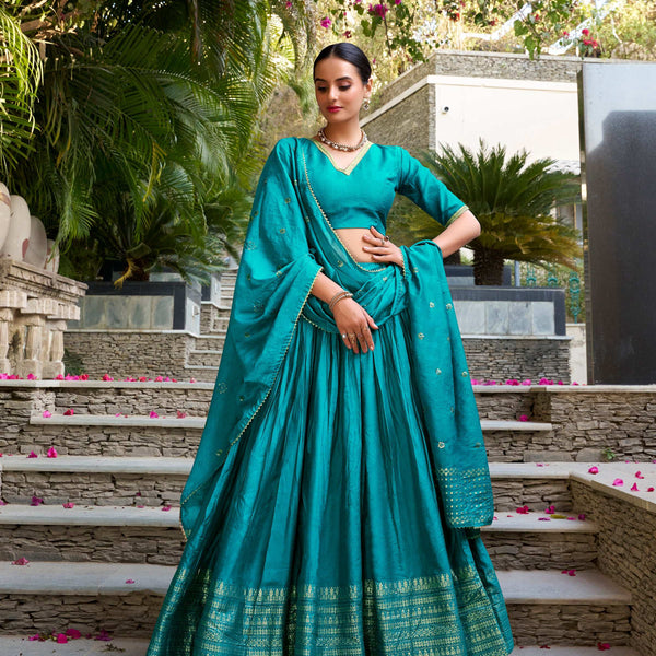 Evanik Women Pure Chanderi Plain With Zari Weaving Work Border Stitched Lehenga With Unstitched Blouse Dupatta - Distacart