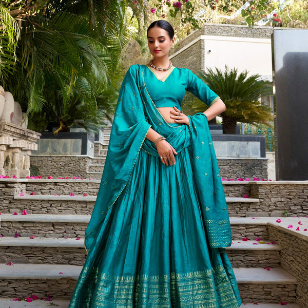 Lorenvalley Fashion Skyblue Pure Chanderi Plain With Zari Weaving Work Border Lehenga Choli with Dupatta - Distacart