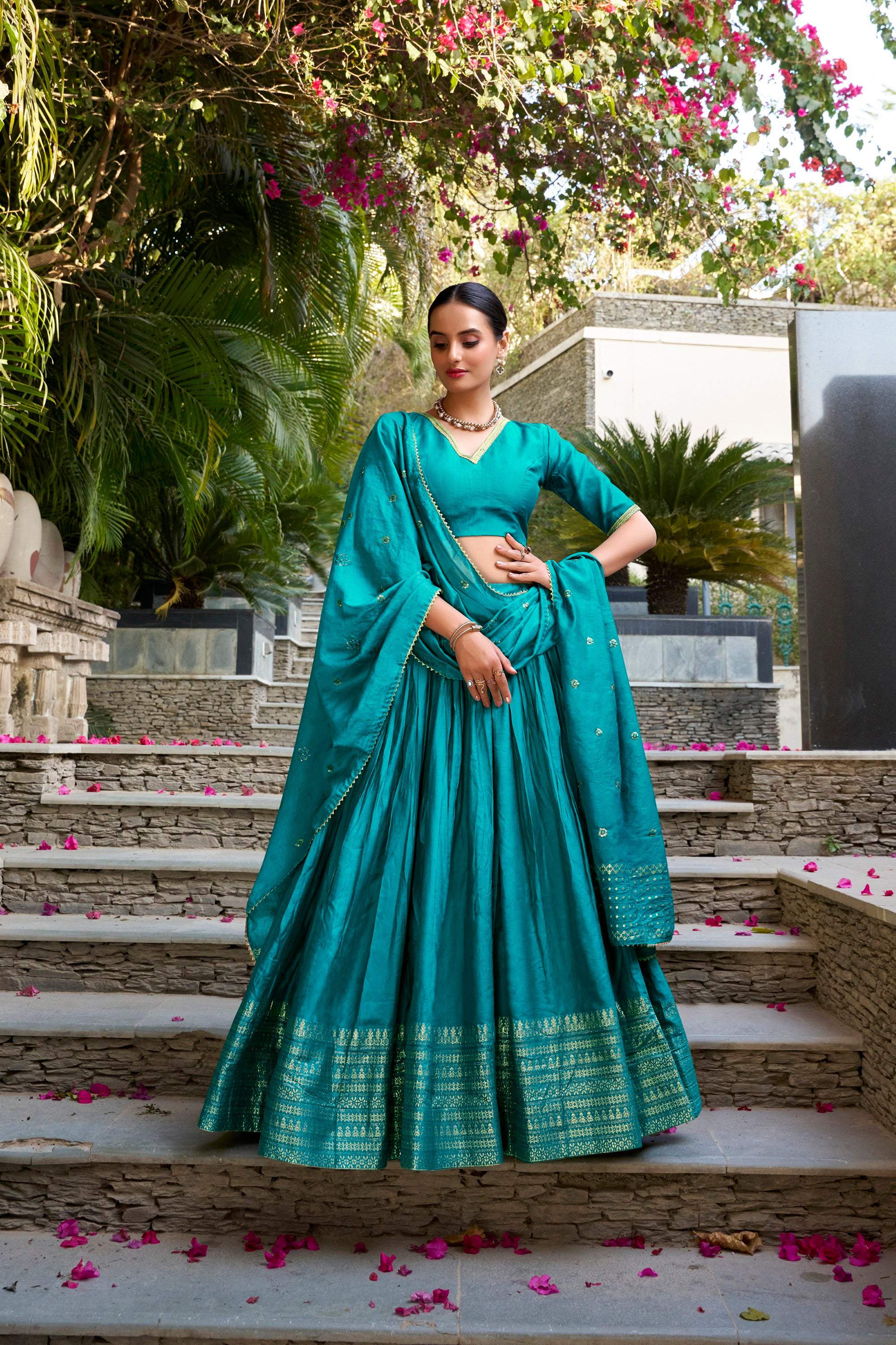 Lorenvalley Fashion Skyblue Pure Chanderi Plain With Zari Weaving Work Border Lehenga Choli with Dupatta