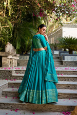 Thumbnail for Lorenvalley Fashion Skyblue Pure Chanderi Plain With Zari Weaving Work Border Lehenga Choli with Dupatta - Distacart
