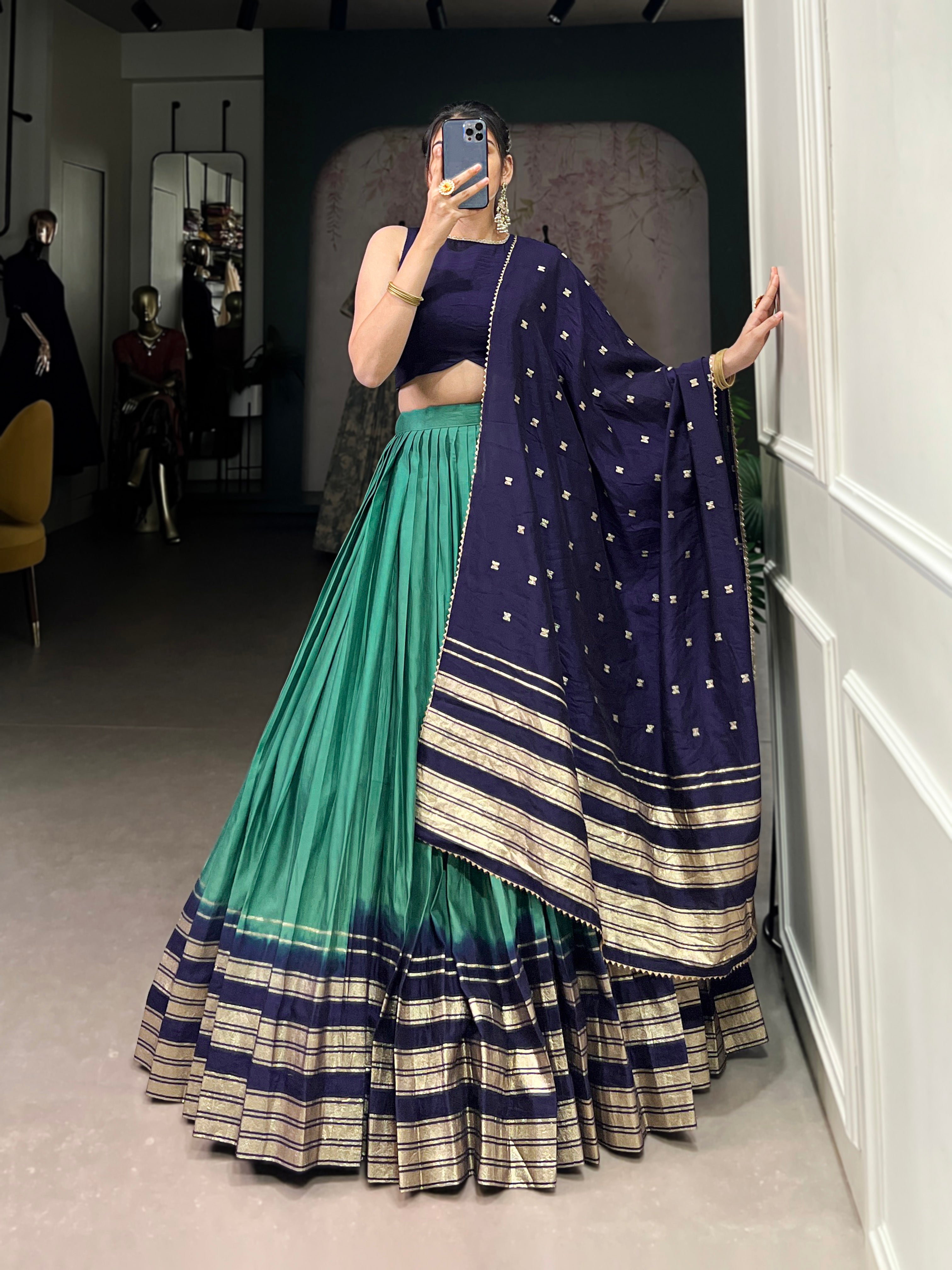 Lorenvalley Firozi Pure Chanderi Plain With Zari Weaving Work Border Lehenga Choli - Distacart