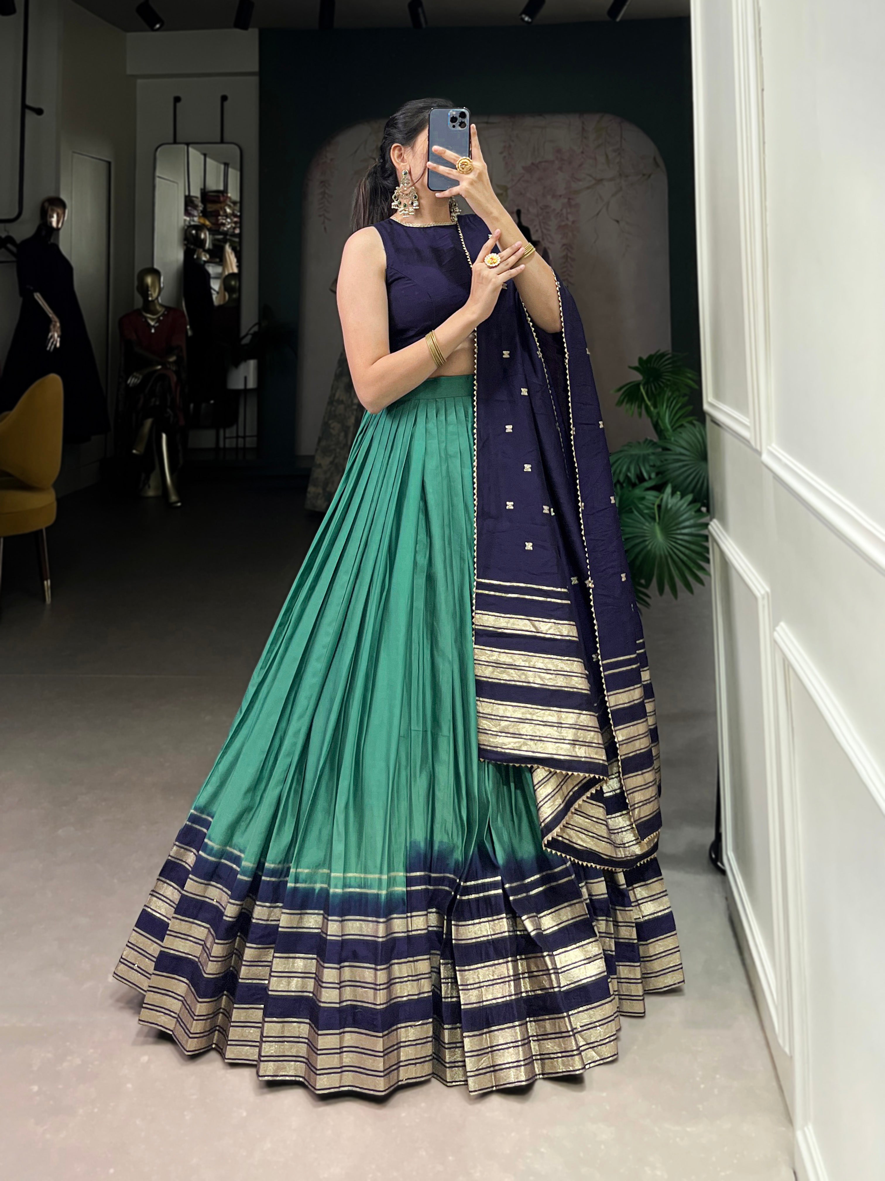Lorenvalley Firozi Pure Chanderi Plain With Zari Weaving Work Border Lehenga Choli - Distacart
