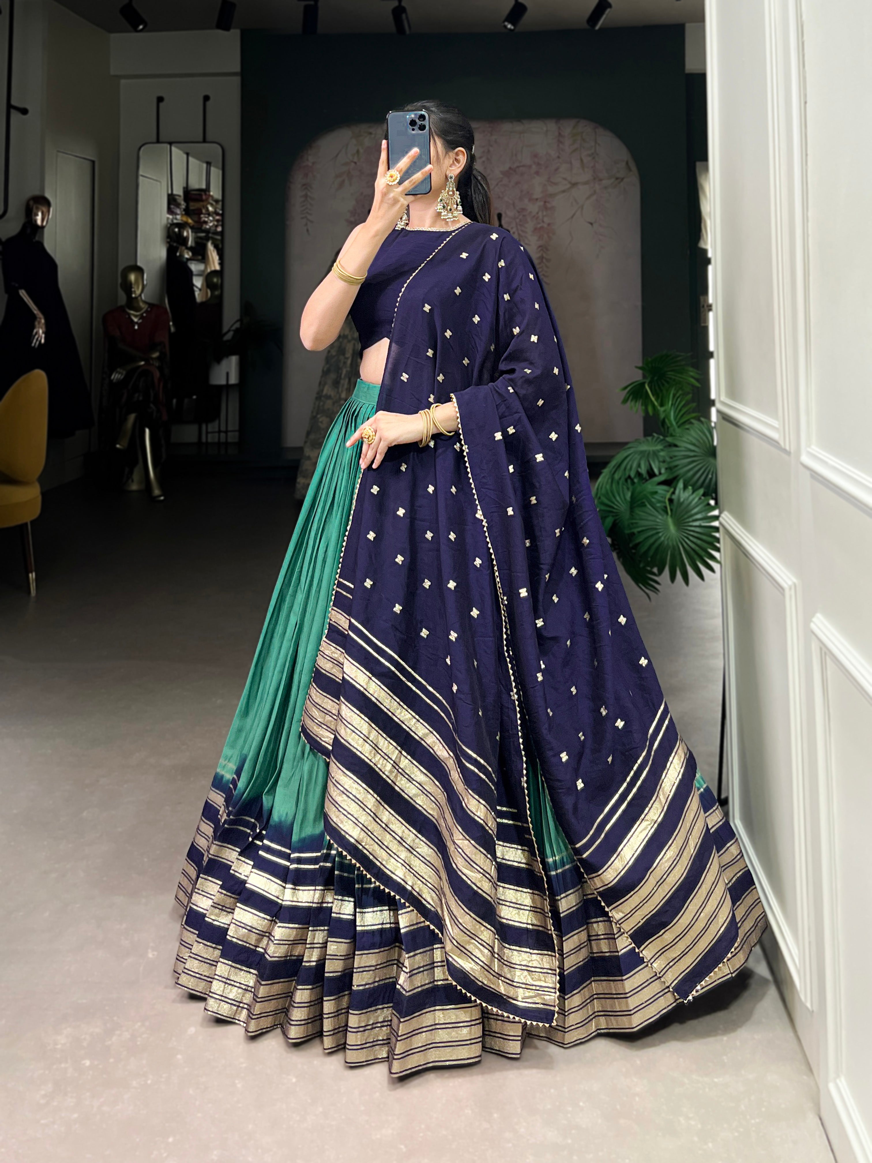 Lorenvalley Firozi Pure Chanderi Plain With Zari Weaving Work Border Lehenga Choli - Distacart