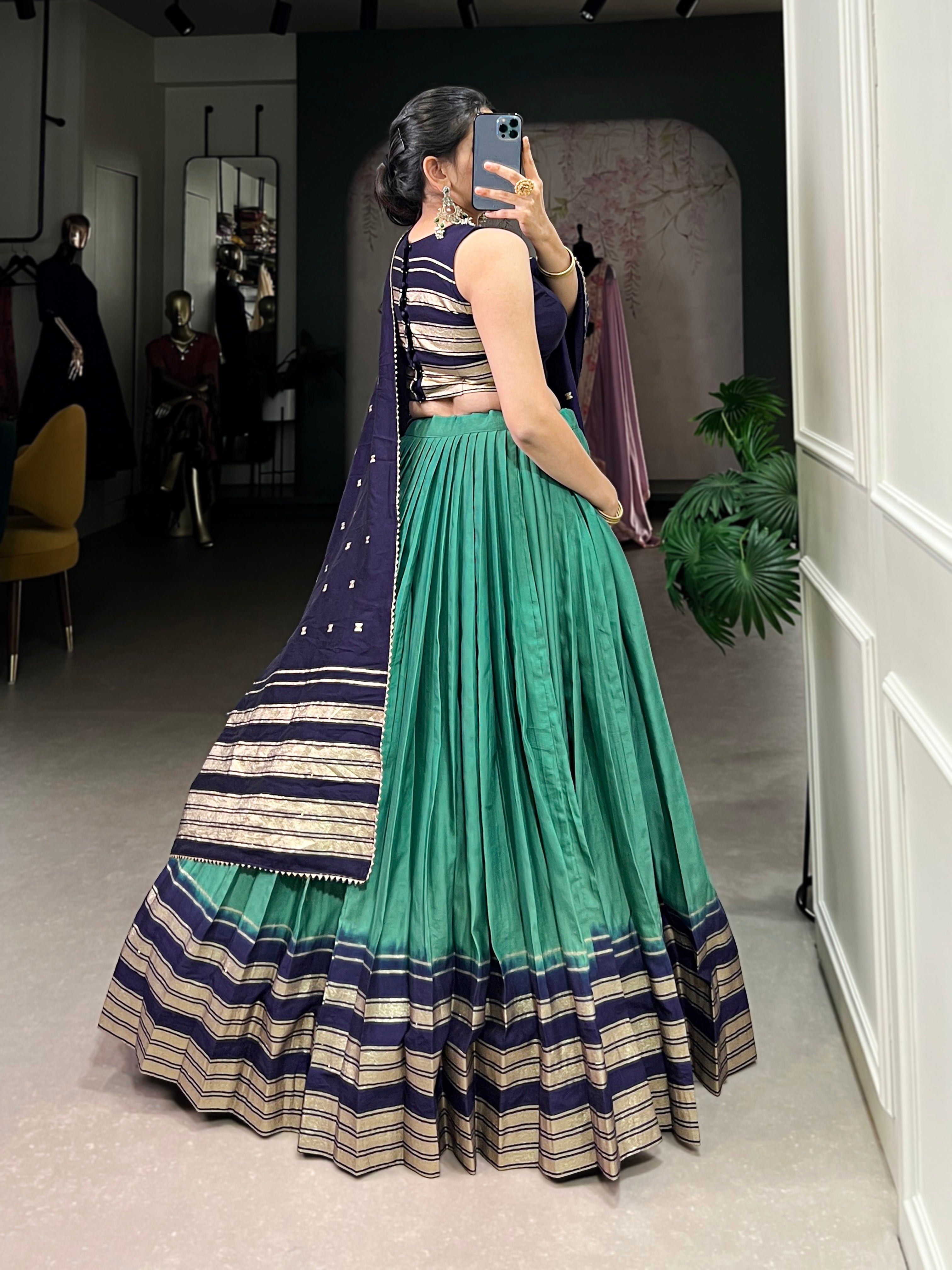 Lorenvalley Firozi Pure Chanderi Plain With Zari Weaving Work Border Lehenga Choli - Distacart