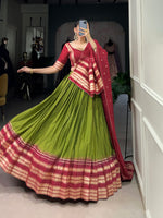 Thumbnail for Lorenvalley Mehendi Pure Chanderi Plain With Zari Weaving Work Border Lehenga Choli - Distacart