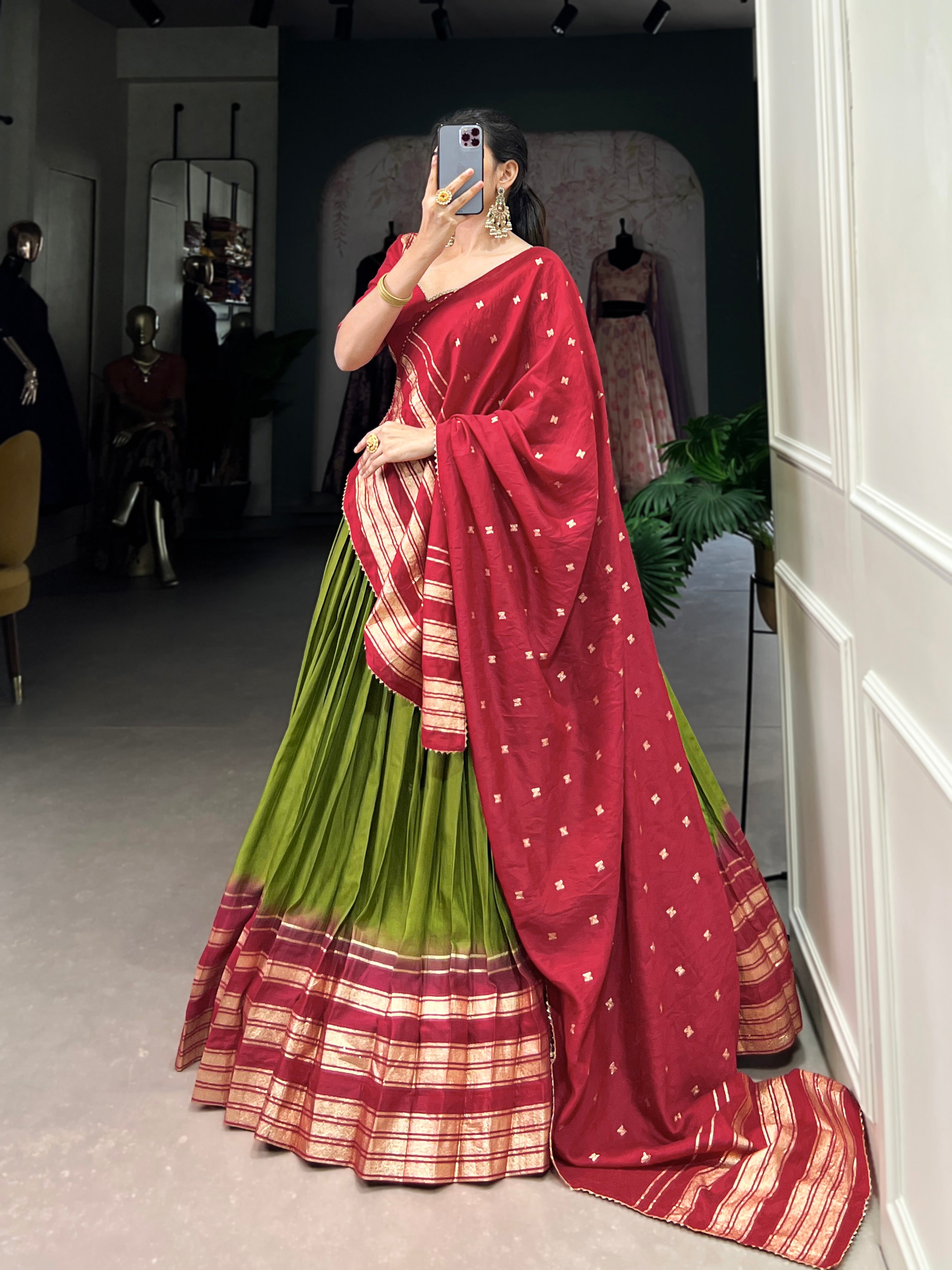 Lorenvalley Mehendi Pure Chanderi Plain With Zari Weaving Work Border Lehenga Choli - Distacart