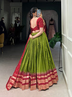 Thumbnail for Lorenvalley Mehendi Pure Chanderi Plain With Zari Weaving Work Border Lehenga Choli - Distacart