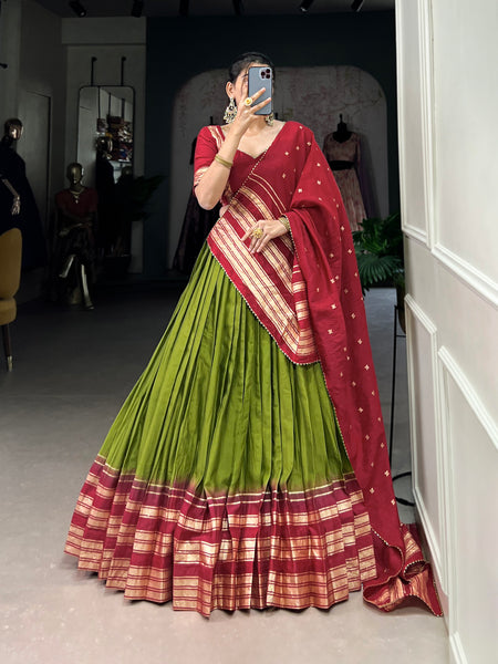 Lorenvalley Mehendi Pure Chanderi Plain With Zari Weaving Work Border Lehenga Choli - Distacart