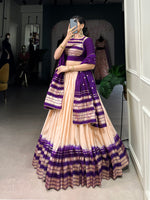 Thumbnail for Lorenvalley Off White Pure Chanderi Plain With Zari Weaving Work Border Lehenga Choli - Distacart