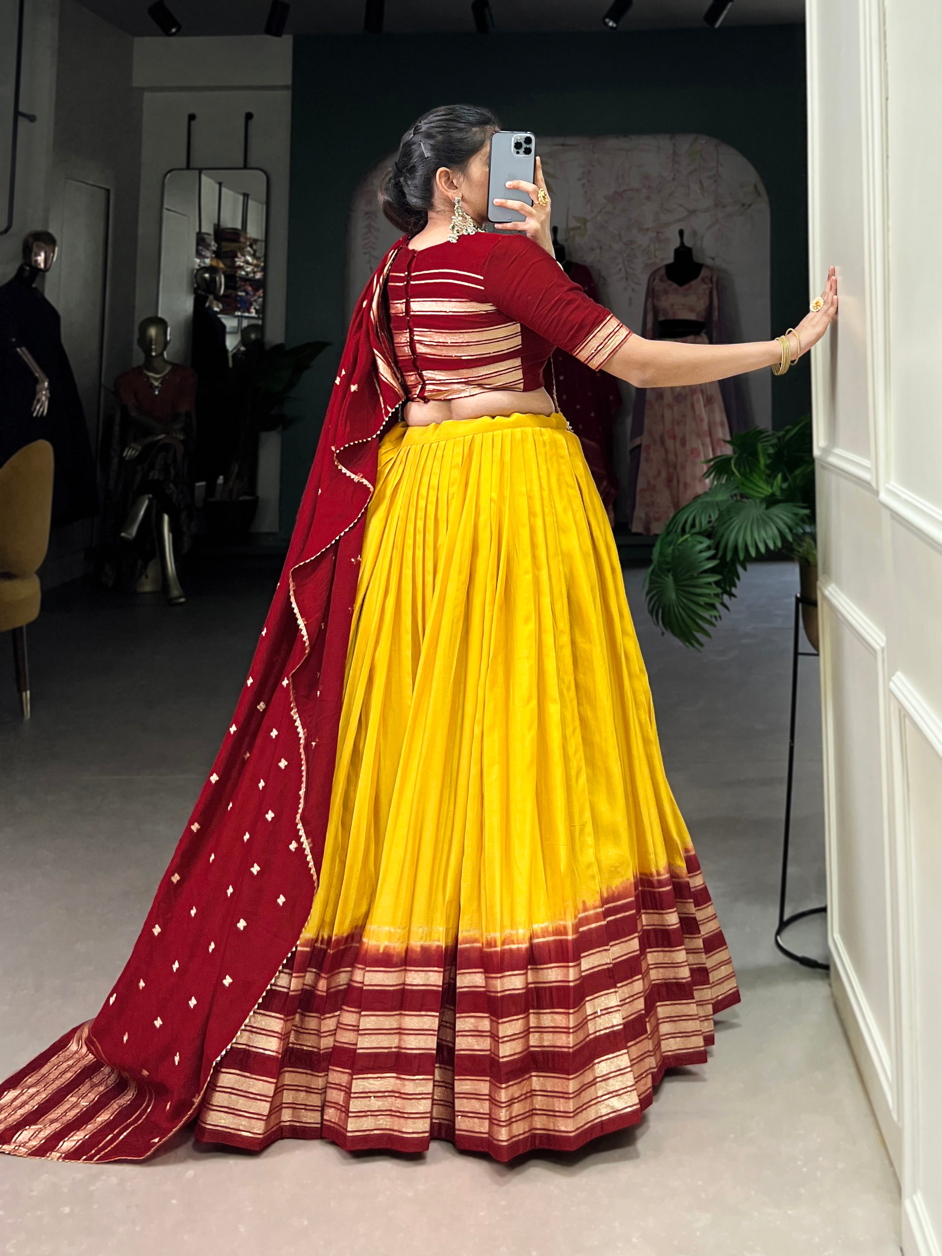 Lorenvalley Yellow Pure Chanderi Plain With Zari Weaving Work Border Lehenga Choli - Distacart