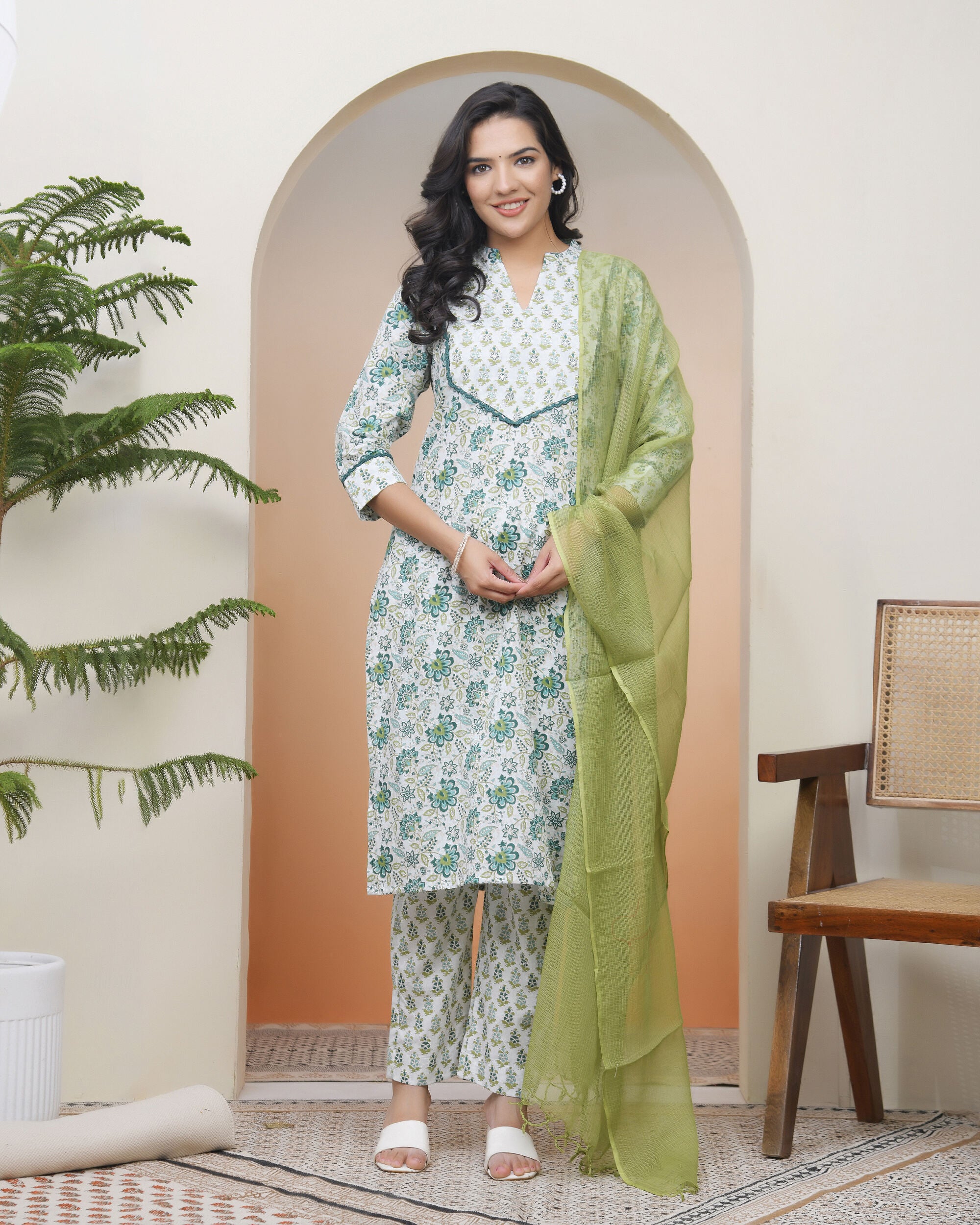 Vaasva Women White Cotton Kurta With Cotton Pant & Dupatta