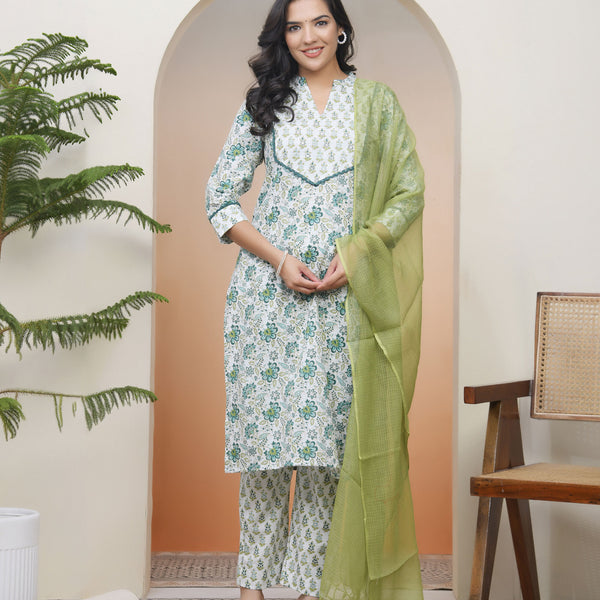 Vaasva Women White Cotton Kurta With Cotton Pant & Dupatta