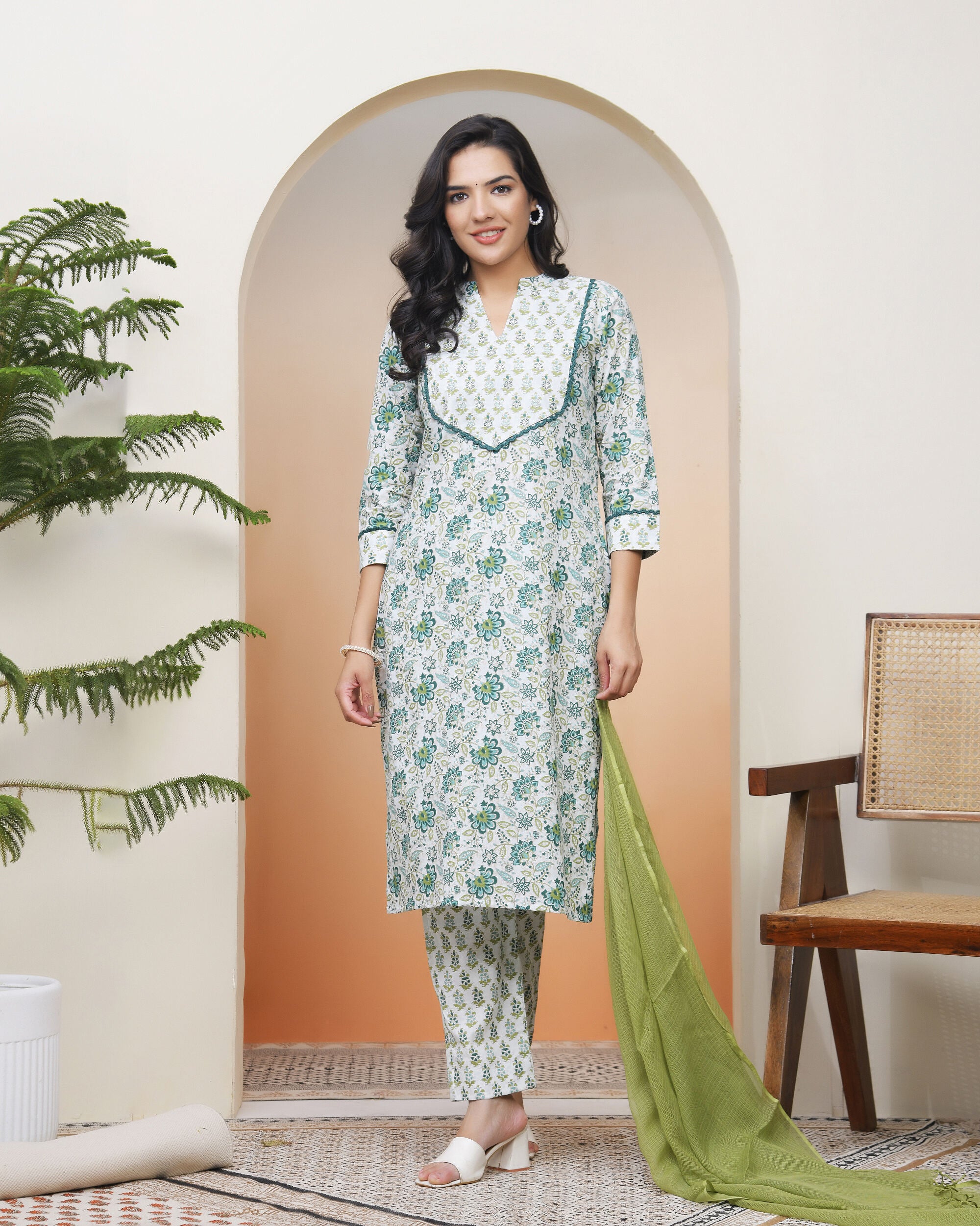 Vaasva Women White Cotton Kurta With Cotton Pant & Dupatta
