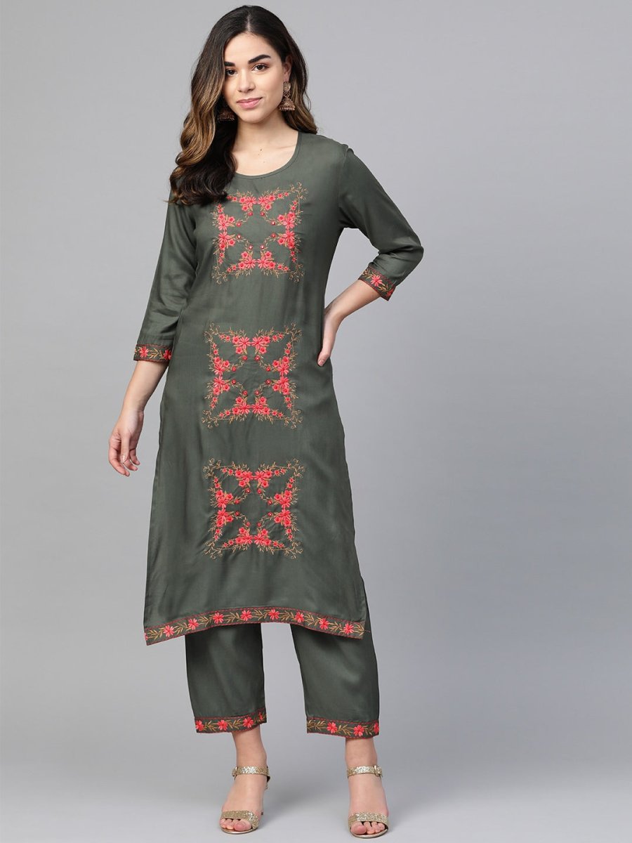 Anubhutee Women Charcoal Grey & Pink Embroidered Kurta with Trousers - Distacart