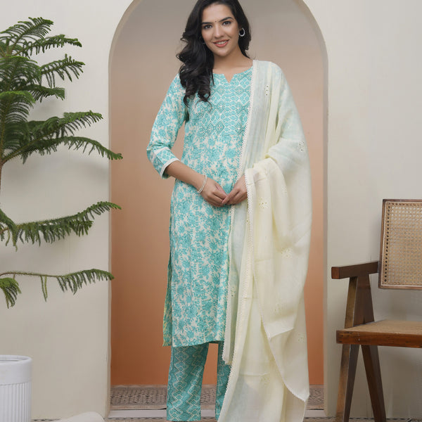 Vaasva Women Aqua Marine Cotton Kurta With Cotton Pant & Dupatta