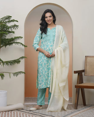 Vaasva Women Aqua Marine Cotton Kurta With Cotton Pant & Dupatta