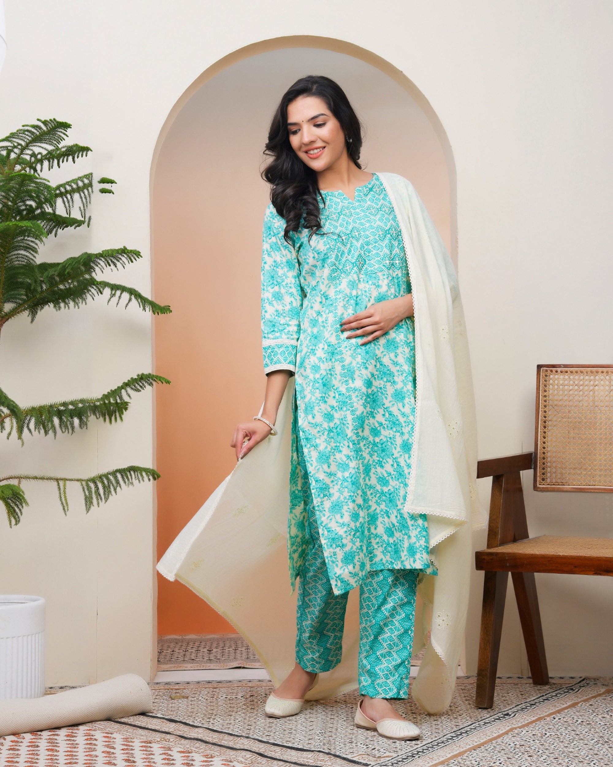Vaasva Women Aqua Marine Cotton Kurta With Cotton Pant & Dupatta